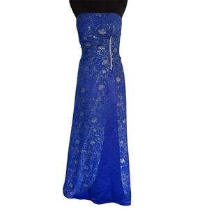 Y2K Strapless Maxi Dress Royal Blue Satin Sheer Overlay Rhinestones Sz S